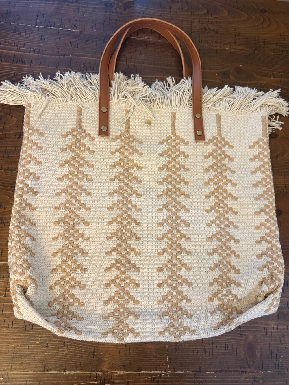 Vintage Boho Fringe Tote Bag Woven Cream & Tan Chevron Print Fringe Retro Purse